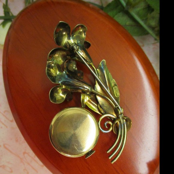 HARMAN Sterling Vermeil Mechanical Watch Brooch ~ 1930s Floral Wind Up Watch Pin - Picture 13 of 14